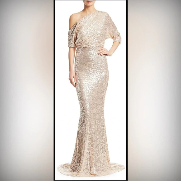 ! Badgley Mischka Asymmetric Draped Sequin Mermaid Gown